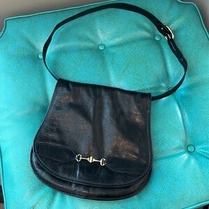Vintage classic black leather saddle bag shoulder purse horsebit hardware